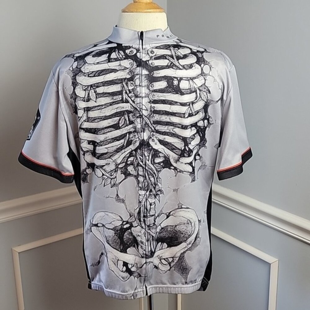 PRIMAL Gray Black Skeleton Rib Cage Print Full Zip Performance Cycling Jersey XL